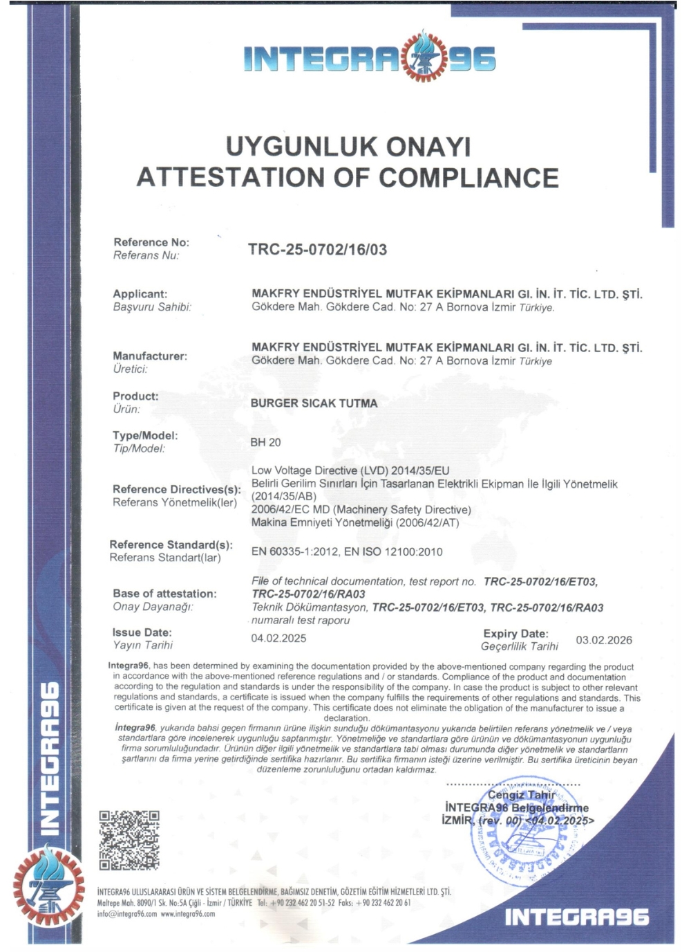 BH-20 Burger Sıcak Tutma CE Belgesi