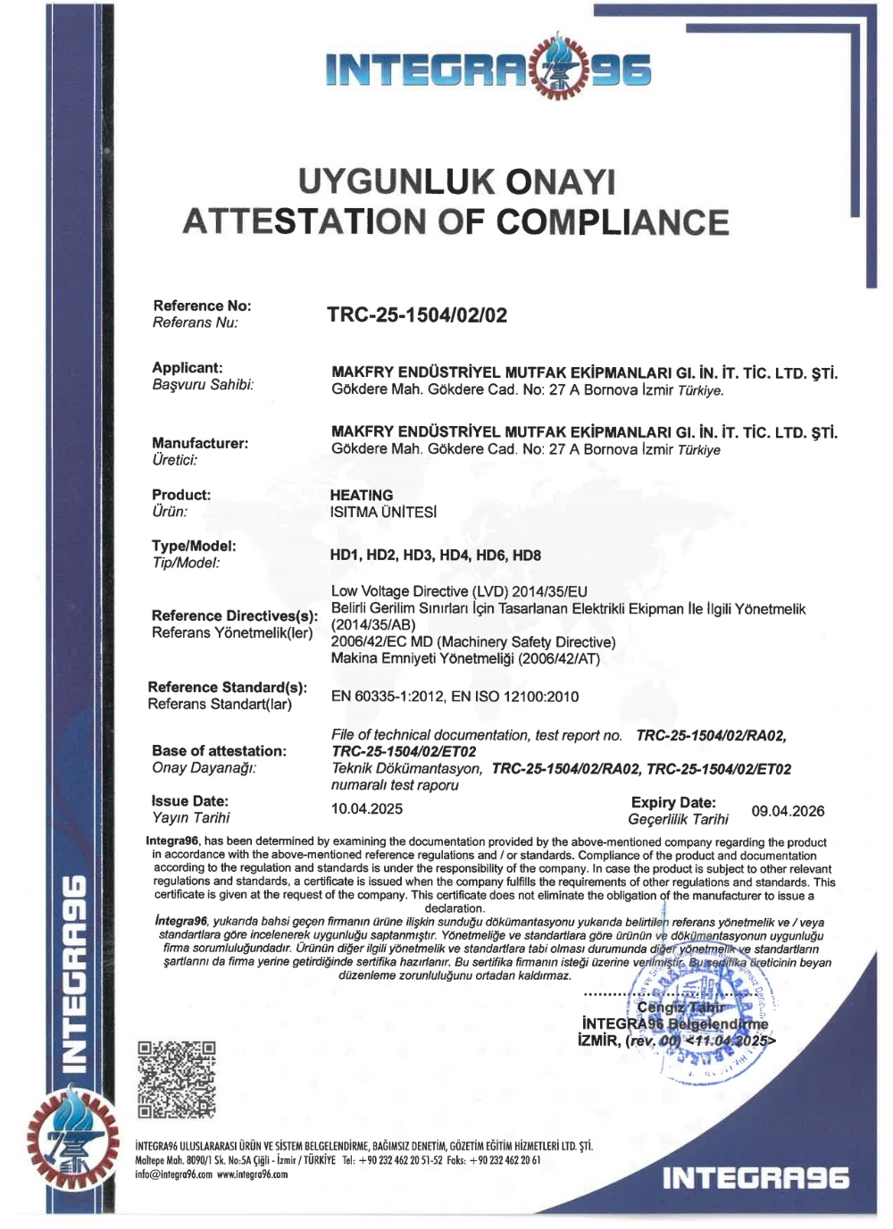 HD Serisi Isıtma Ünitesi CE Belgesi