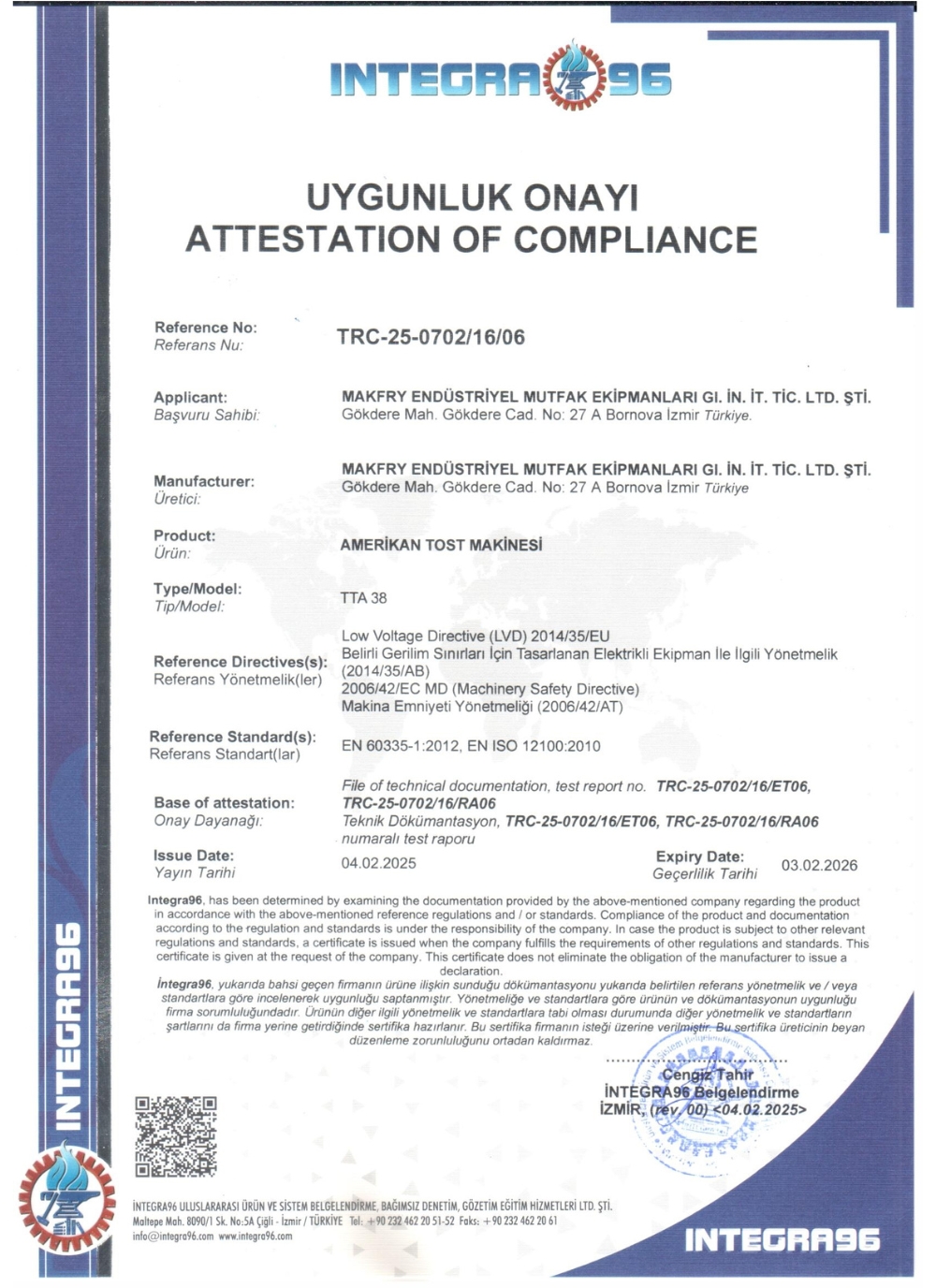 TTA-38 Amerikan Tost Makinesi CE Belgesi