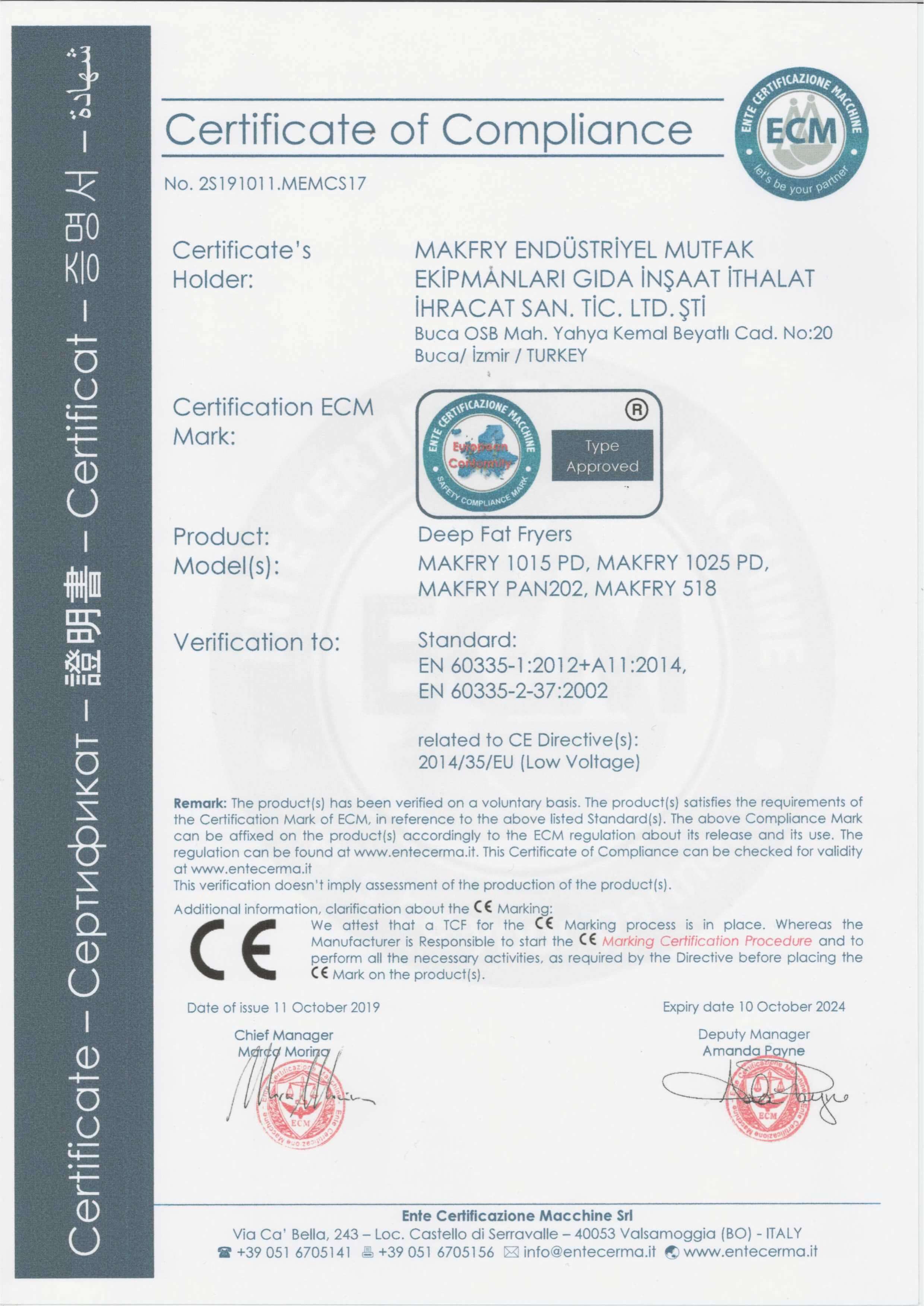 Certificate of Compliance – Uygunluk Sertifikası