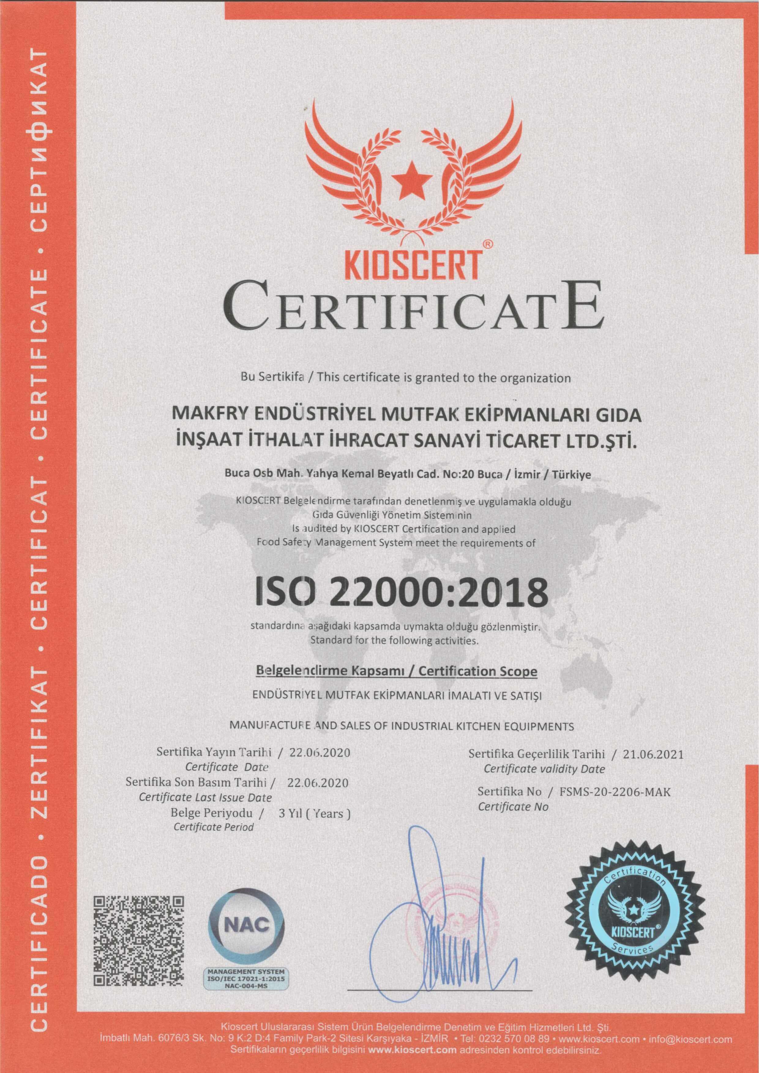 ISO 22000:2018 Gıda Güvenliği Yönetim Sistemi
